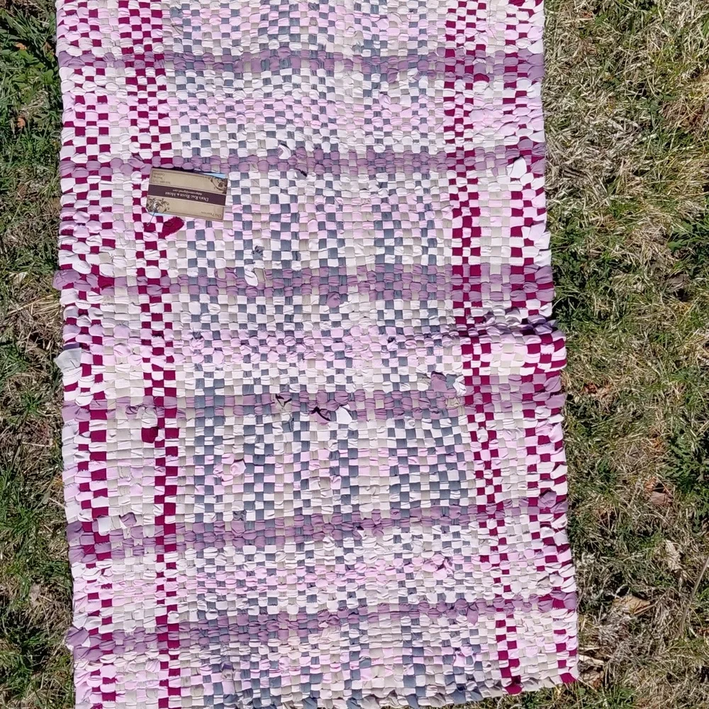 Upcycled Handwoven Cotton Rag Door Mat in Cream & Pink & Gray